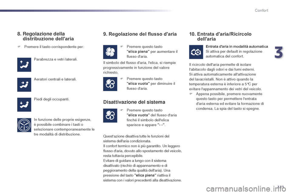 Peugeot 508 RXH 2014 Manuale del proprietario (in Italian) 111
508RXH_it_Chap03_confort_ed01-2014
8. Regolazione della distribuzione dellaria
F Premere questo tasto
"elica piena" per aumentare il
flusso daria.
F
P
remere il tasto corrispondente per:
P Peugeot 508 RXH 2014 Manuale del proprietario (in Italian) 111
508RXH_it_Chap03_confort_ed01-2014
8. Regolazione della distribuzione dellaria
F Premere questo tasto
"elica piena" per aumentare il
flusso daria.
F
P
remere il tasto corrispondente per:
P