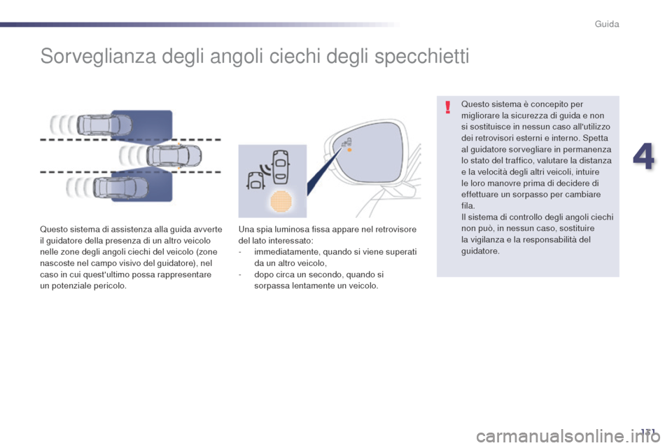 Peugeot 508 RXH 2014 Manuale del proprietario (in Italian) 131
508RXH_it_Chap04_conduite_ed01-2014
Sorveglianza degli angoli ciechi degli specchietti
Questo sistema di assistenza alla guida avverte
il guidatore della presenza di un altro veicolo
nelle zone Peugeot 508 RXH 2014 Manuale del proprietario (in Italian) 131
508RXH_it_Chap04_conduite_ed01-2014
Sorveglianza degli angoli ciechi degli specchietti
Questo sistema di assistenza alla guida avverte
il guidatore della presenza di un altro veicolo
nelle zone