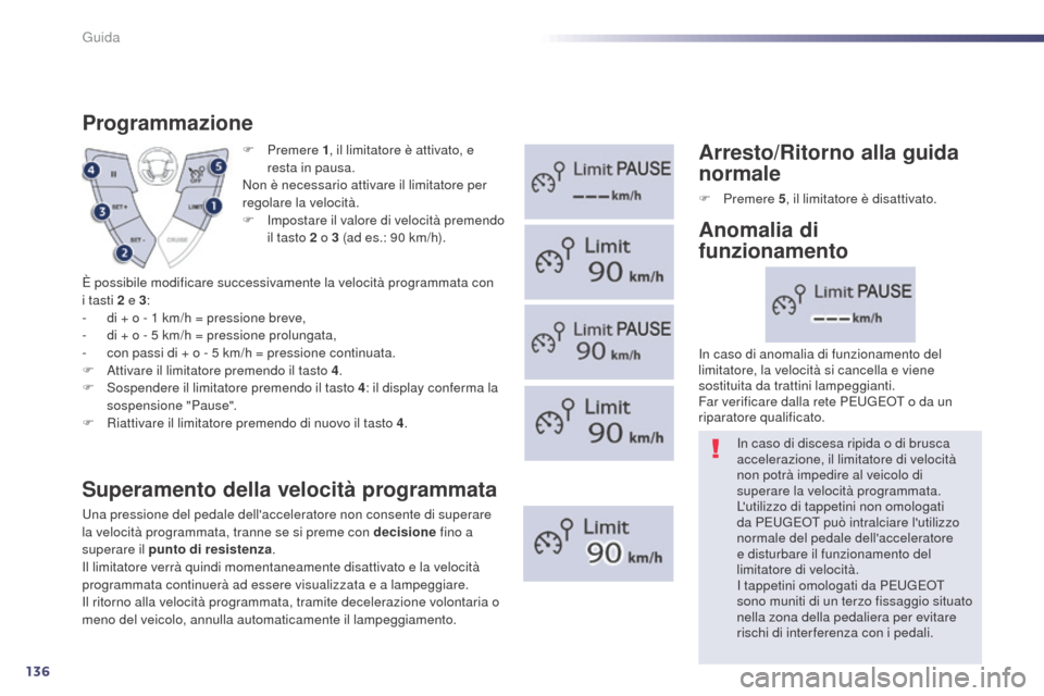 Peugeot 508 RXH 2014 Manuale del proprietario (in Italian) 136
508RXH_it_Chap04_conduite_ed01-2014
F Premere 1, i l limitatore è attivato, e
resta in pausa.
Non è necessario attivare il limitatore per
regolare la velocità.
F
I
mpostare il valore di ve Peugeot 508 RXH 2014 Manuale del proprietario (in Italian) 136
508RXH_it_Chap04_conduite_ed01-2014
F Premere 1, i l limitatore è attivato, e
resta in pausa.
Non è necessario attivare il limitatore per
regolare la velocità.
F
I
mpostare il valore di ve