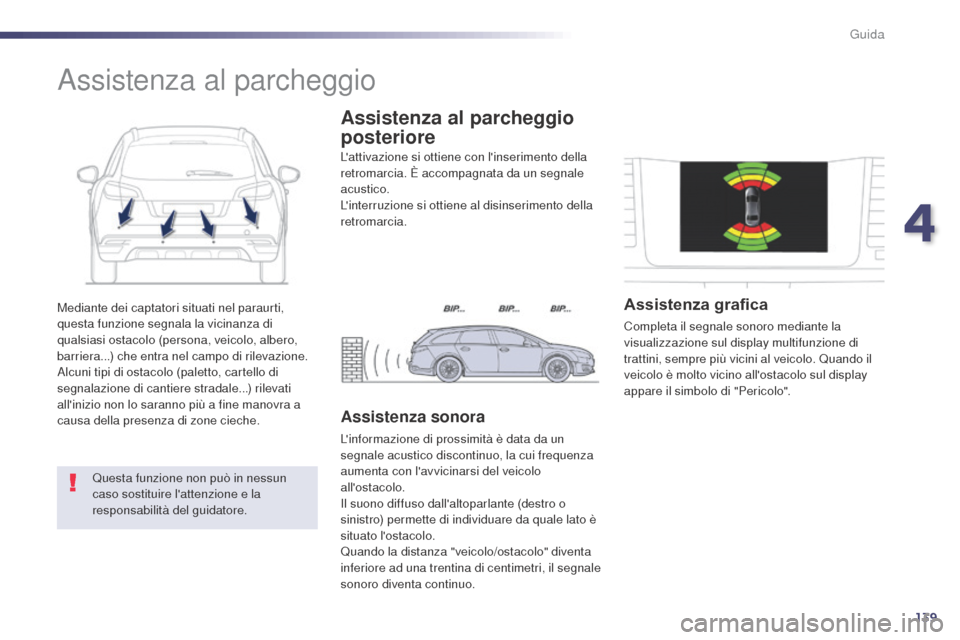 Peugeot 508 RXH 2014 Manuale del proprietario (in Italian) 139
508RXH_it_Chap04_conduite_ed01-2014
Mediante dei captatori situati nel paraurti,
questa funzione segnala la vicinanza di
qualsiasi ostacolo (persona, veicolo, albero,
barriera...) che entra nel Peugeot 508 RXH 2014 Manuale del proprietario (in Italian) 139
508RXH_it_Chap04_conduite_ed01-2014
Mediante dei captatori situati nel paraurti,
questa funzione segnala la vicinanza di
qualsiasi ostacolo (persona, veicolo, albero,
barriera...) che entra nel