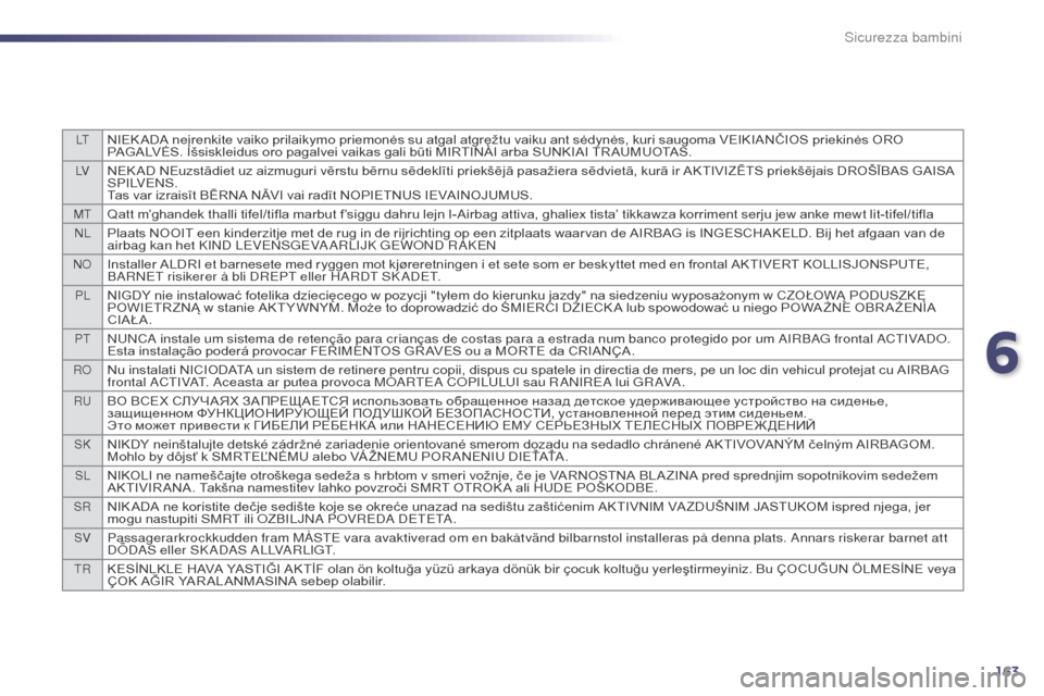 Peugeot 508 RXH 2014 Manuale del proprietario (in Italian) 163
LTNIEK ADA neįrenkite vaiko prilaikymo priemonės su atgal atgręžtu vaiku ant sėdynės, kuri saugoma VEIKIANČIOS priekinės ORO
PAGALVĖS. Išsiskleidus oro pagalvei vaikas gali būti MIRTIN Peugeot 508 RXH 2014 Manuale del proprietario (in Italian) 163
LTNIEK ADA neįrenkite vaiko prilaikymo priemonės su atgal atgręžtu vaiku ant sėdynės, kuri saugoma VEIKIANČIOS priekinės ORO
PAGALVĖS. Išsiskleidus oro pagalvei vaikas gali būti MIRTIN