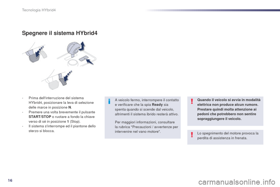 Peugeot 508 RXH 2014  Manuale del proprietario (in Italian) 16
508RXH_it_Chap00c_systeme-hybride_ed01-2014
- Prima dellinterruzione del sistema HYbrid4, posizionare la leva di selezione 
delle marce in posizione N .
-
 
P
 remere una volta brevemente il pulsa