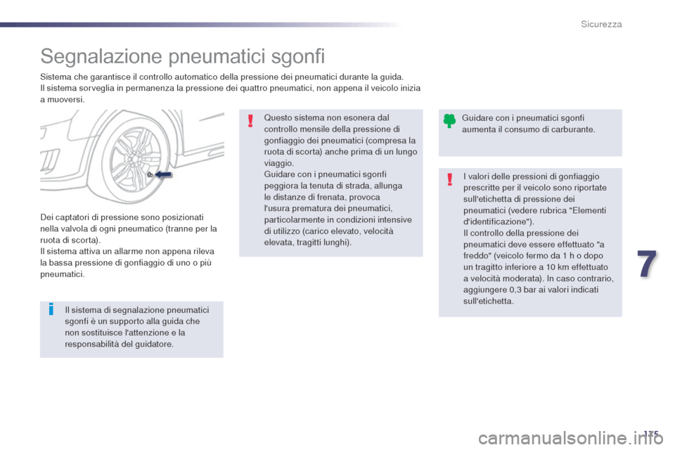 Peugeot 508 RXH 2014 Manuale del proprietario (in Italian) 175
508RXH_it_Chap07_securite_ed01-2014
Segnalazione pneumatici sgonfi
Sistema che garantisce il controllo automatico della pressione dei pneumatici durante la guida.
Il sistema sorveglia in permanenz Peugeot 508 RXH 2014 Manuale del proprietario (in Italian) 175
508RXH_it_Chap07_securite_ed01-2014
Segnalazione pneumatici sgonfi
Sistema che garantisce il controllo automatico della pressione dei pneumatici durante la guida.
Il sistema sorveglia in permanenz