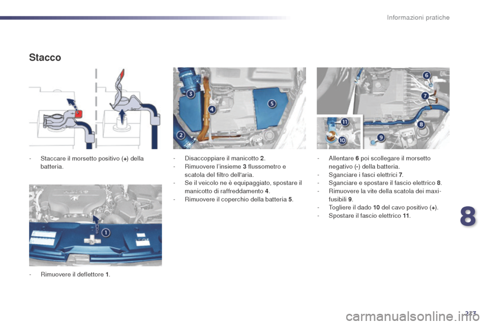 Peugeot 508 RXH 2014  Manuale del proprietario (in Italian) 213
508RXH_it_Chap08_info-pratiques_ed01-2014
Stacco
- Staccare il morsetto positivo (+) della 
batteria.
-
 
R
 imuovere il deflettore 1 . -
 D isaccoppiare il manicotto 2
.
-  R imuovere l’insieme