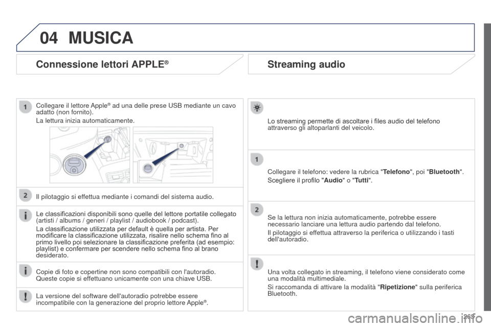 Peugeot 508 RXH 2014 Manuale del proprietario (in Italian) 263
04
508RXH_it_Chap11c_SMEGplus-i_ed01-2014
Streaming audio
Lo streaming permette di ascoltare i files audio del telefono
attraverso gli altoparlanti del veicolo.
Collegare il telefono: vedere la r Peugeot 508 RXH 2014 Manuale del proprietario (in Italian) 263
04
508RXH_it_Chap11c_SMEGplus-i_ed01-2014
Streaming audio
Lo streaming permette di ascoltare i files audio del telefono
attraverso gli altoparlanti del veicolo.
Collegare il telefono: vedere la r