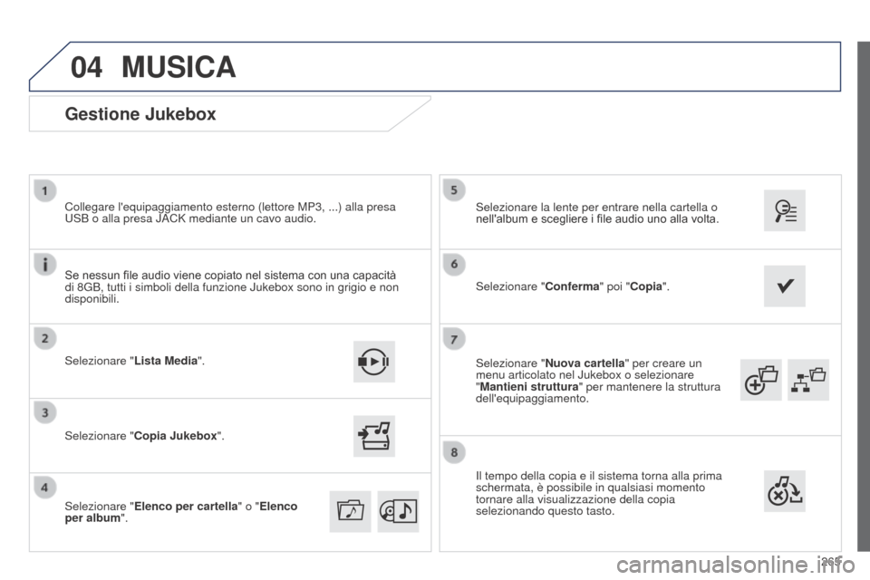 Peugeot 508 RXH 2014  Manuale del proprietario (in Italian) 265
04
508RXH_it_Chap11c_SMEGplus-i_ed01-2014
Selezionare "Nuova cartella" per creare un 
menu articolato nel Jukebox o selezionare 
"Mantieni struttura" per mantenere la struttura 
dellequipaggiamen