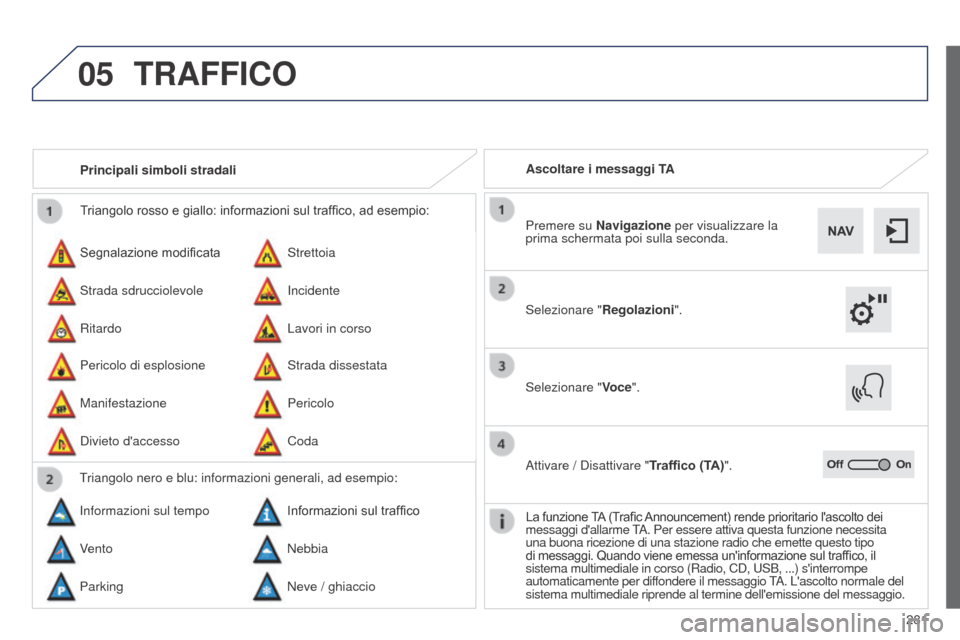 Peugeot 508 RXH 2014 Manuale del proprietario (in Italian) 281
05
508RXH_it_Chap11c_SMEGplus-i_ed01-2014
Triangolo rosso e giallo: informazioni sul traffico, ad esempio:
Segnalazione modificata
Pericolo di esplosione Strettoia
Strada dissestata
Strada sdrucci Peugeot 508 RXH 2014 Manuale del proprietario (in Italian) 281
05
508RXH_it_Chap11c_SMEGplus-i_ed01-2014
Triangolo rosso e giallo: informazioni sul traffico, ad esempio:
Segnalazione modificata
Pericolo di esplosione Strettoia
Strada dissestata
Strada sdrucci