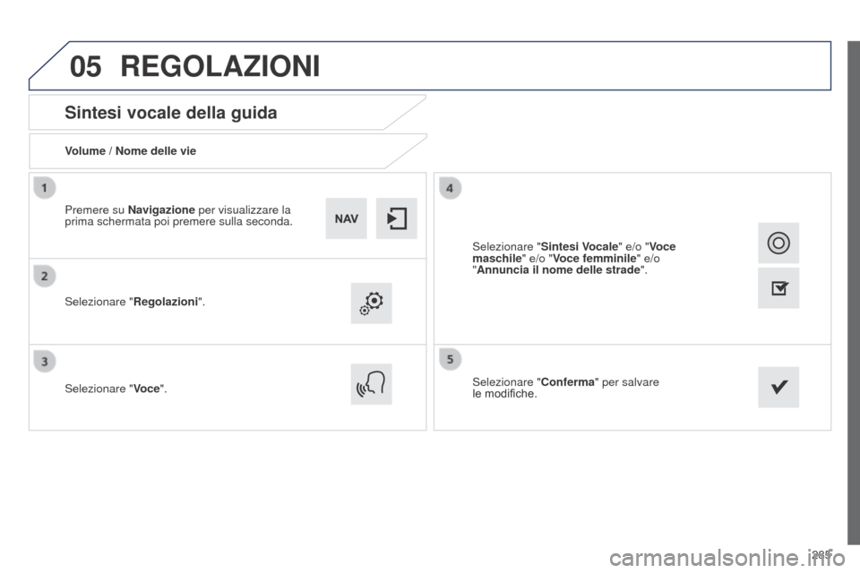 Peugeot 508 RXH 2014  Manuale del proprietario (in Italian) 285
05
508RXH_it_Chap11c_SMEGplus-i_ed01-2014
Sintesi vocale della guida
Volume / Nome delle vie
Selezionare "Regolazioni".
Selezionare " Voce". Selezionare "
Conferma" per salvare 
le
  modifiche.
Pr