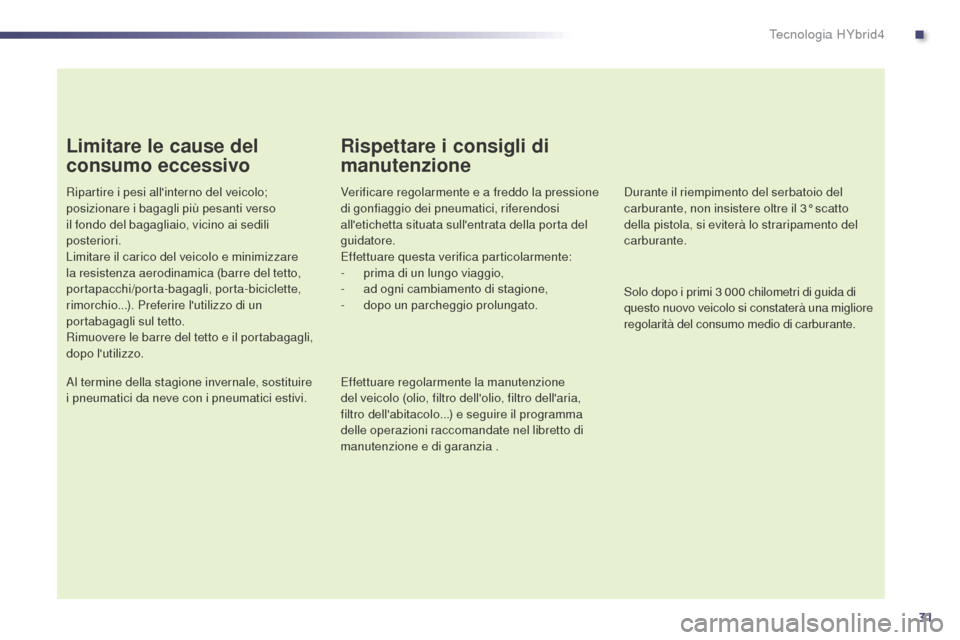 Peugeot 508 RXH 2014 Manuale del proprietario (in Italian) 31
508RXH_it_Chap00c_systeme-hybride_ed01-2014
Limitare le cause del
consumo eccessivo
Ripartire i pesi allinterno del veicolo;
posizionare i bagagli più pesanti verso
il fondo del bagagliaio, vi Peugeot 508 RXH 2014 Manuale del proprietario (in Italian) 31
508RXH_it_Chap00c_systeme-hybride_ed01-2014
Limitare le cause del
consumo eccessivo
Ripartire i pesi allinterno del veicolo;
posizionare i bagagli più pesanti verso
il fondo del bagagliaio, vi