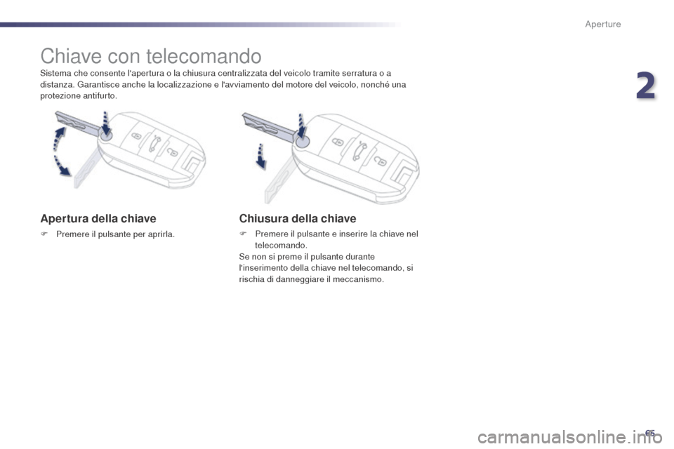 Peugeot 508 RXH 2014  Manuale del proprietario (in Italian) 65
508RXH_it_Chap02_ouvertures_ed01-2014
Sistema che consente lapertura o la chiusura centralizzata del veicolo tramite serratura o a 
distanza. Garantisce anche la localizzazione e lavviamento del 