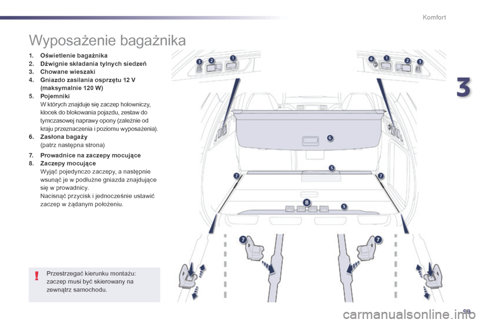 Peugeot 508 RXH 2014  Instrukcja Obsługi (in Polish) 99
508RXH_pl_Chap03_confort_ed01-2014
Wyposażenie bagażnika
1. Oświetlenie bagażnika
2. Dźwignie składania tylnych siedzeń
3.
 C

howane wieszaki
4.
 G

niazdo zasilania osprzętu  12 V 
(maksy