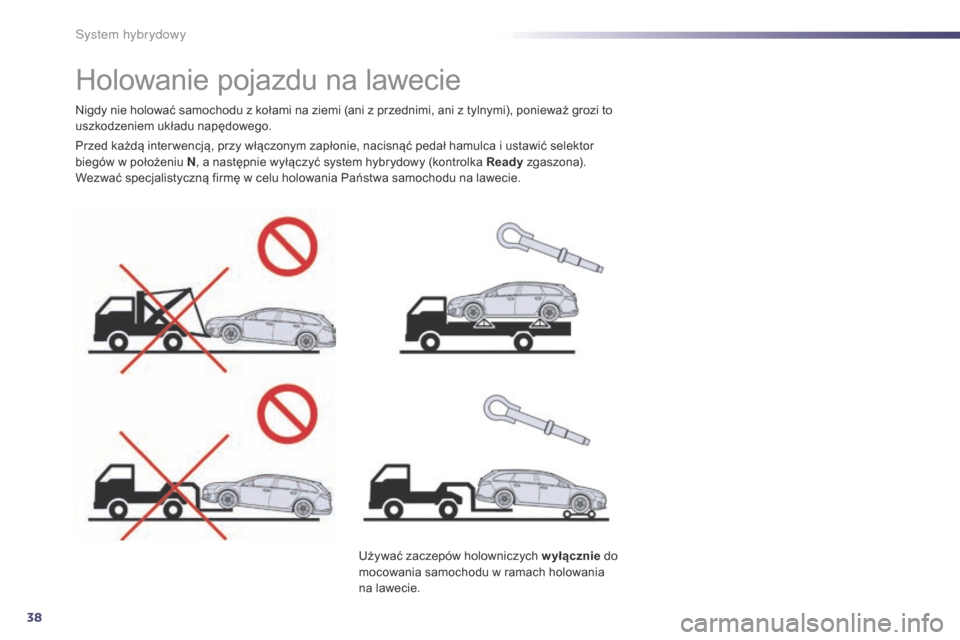 Peugeot 508 RXH 2014  Instrukcja Obsługi (in Polish) 38
508RXH_pl_Chap00c_systeme-hybride_ed01-2014
Holowanie pojazdu na lawecie
Przed każdą inter wencją, przy włączonym zapłonie, nacisnąć pedał hamulca i ustawić selektor 
biegów w położeni