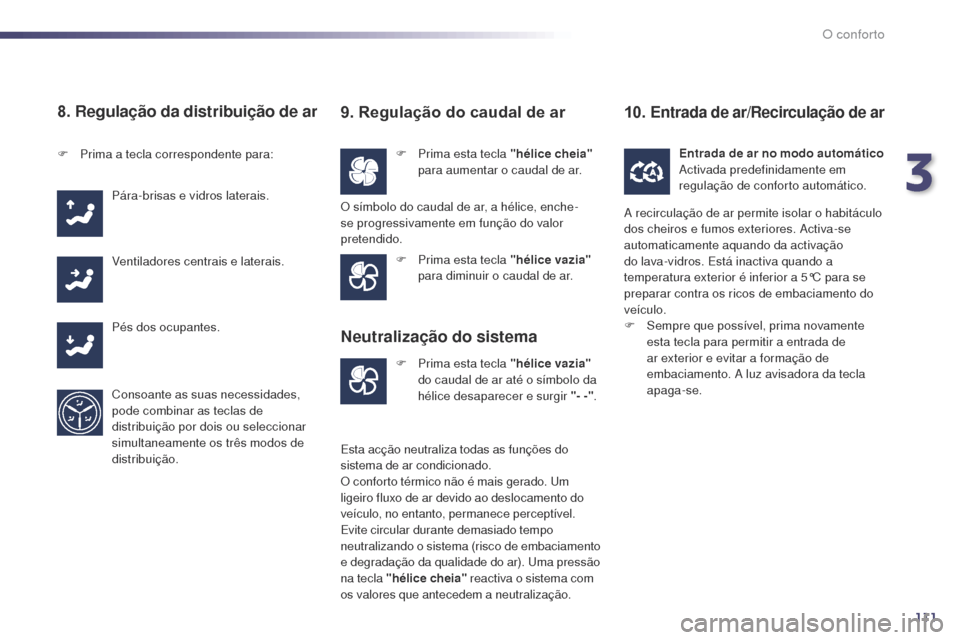 Peugeot 508 RXH 2014 Manual do proprietário (in Portuguese) 111
508rXH_pt_Chap03_confort_ed01-2014
8. Regulação da distribuição de ar
F Prima esta tecla "hélice cheia"
para aumentar o caudal de ar.
F
P
rima a tecla correspondente para:
Pára-brisas e v Peugeot 508 RXH 2014 Manual do proprietário (in Portuguese) 111
508rXH_pt_Chap03_confort_ed01-2014
8. Regulação da distribuição de ar
F Prima esta tecla "hélice cheia"
para aumentar o caudal de ar.
F
P
rima a tecla correspondente para:
Pára-brisas e v