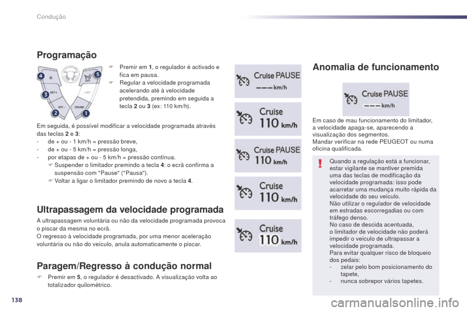 Peugeot 508 RXH 2014 Manual do proprietário (in Portuguese) 138
508rXH_pt_Chap04_conduite_ed01-2014
F Premir em 1 , o regulador é activado e
fica em pausa.
F
r
e
gular a velocidade programada
acelerando até à velocidade
pretendida, premindo em seguida Peugeot 508 RXH 2014 Manual do proprietário (in Portuguese) 138
508rXH_pt_Chap04_conduite_ed01-2014
F Premir em 1 , o regulador é activado e
fica em pausa.
F
r
e
gular a velocidade programada
acelerando até à velocidade
pretendida, premindo em seguida