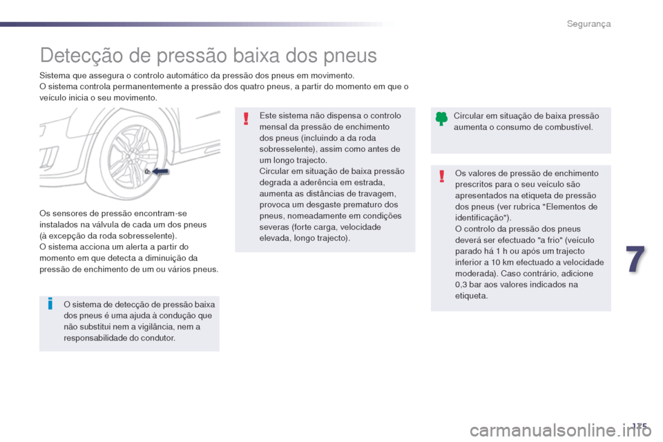 Peugeot 508 RXH 2014 Manual do proprietário (in Portuguese) 175
508rXH_pt_Chap07_securite_ed01-2014
Detecção de pressão baixa dos pneus
Sistema que assegura o controlo automático da pressão dos pneus em movimento.
O sistema controla permanentemente a pres Peugeot 508 RXH 2014 Manual do proprietário (in Portuguese) 175
508rXH_pt_Chap07_securite_ed01-2014
Detecção de pressão baixa dos pneus
Sistema que assegura o controlo automático da pressão dos pneus em movimento.
O sistema controla permanentemente a pres