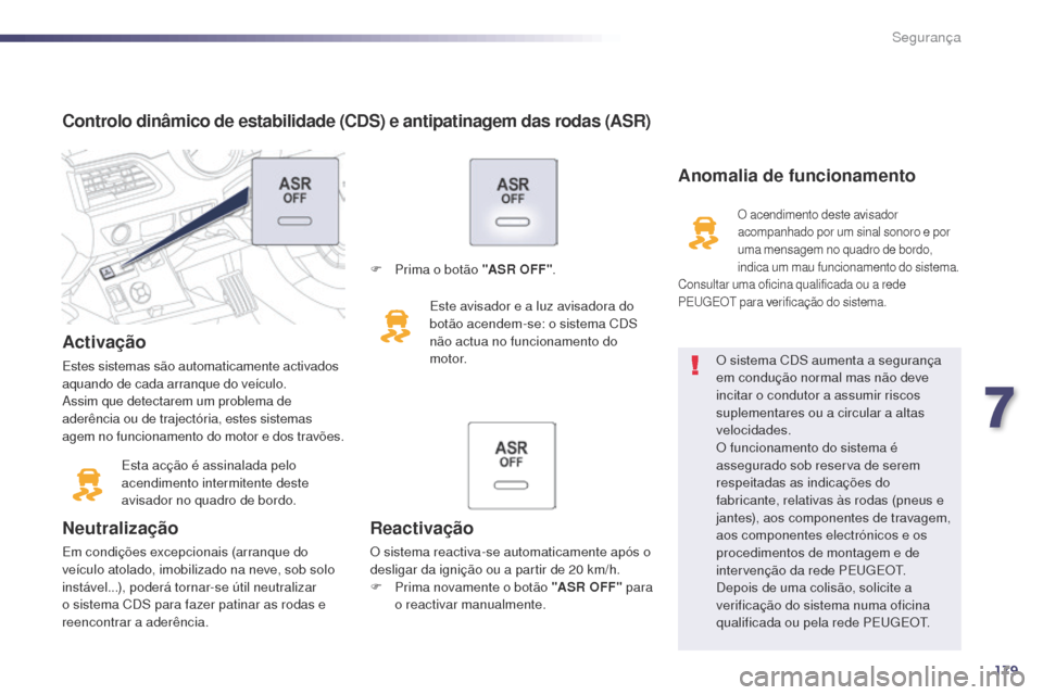 Peugeot 508 RXH 2014 Manual do proprietário (in Portuguese) 179
508rXH_pt_Chap07_securite_ed01-2014
Controlo dinâmico de estabilidade (CDS) e antipatinagem das rodas (ASR)
Activação
Estes sistemas são automaticamente activados
aquando de cada arranque do Peugeot 508 RXH 2014 Manual do proprietário (in Portuguese) 179
508rXH_pt_Chap07_securite_ed01-2014
Controlo dinâmico de estabilidade (CDS) e antipatinagem das rodas (ASR)
Activação
Estes sistemas são automaticamente activados
aquando de cada arranque do