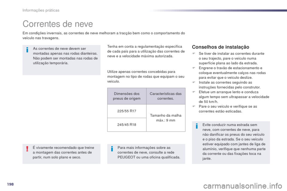 Peugeot 508 RXH 2014  Manual do proprietário (in Portuguese) 198
508rXH_pt_Chap08_info-pratiques_ed01-2014
Correntes de neve
Em condições invernais, as correntes de neve melhoram a tracção bem como o comportamento do 
veículo nas travagens.
te

nha em cont