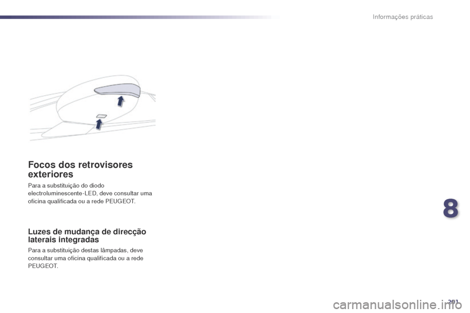 Peugeot 508 RXH 2014  Manual do proprietário (in Portuguese) 201
508rXH_pt_Chap08_info-pratiques_ed01-2014
Luzes de mudança de direcção 
laterais integradas
Para a substituição destas lâmpadas, deve 
consultar uma oficina qualificada ou a rede 
P E
u

g
E