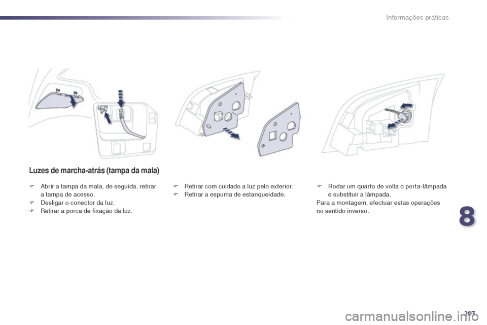 Peugeot 508 RXH 2014  Manual do proprietário (in Portuguese) 203
508rXH_pt_Chap08_info-pratiques_ed01-2014
Luzes de marcha-atrás (tampa da mala)
F  abrir a tampa da mala, de seguida, retirar 
a tampa de acesso.
F
 
D
 esligar o conector da luz.
F
  r
e
 tirar 