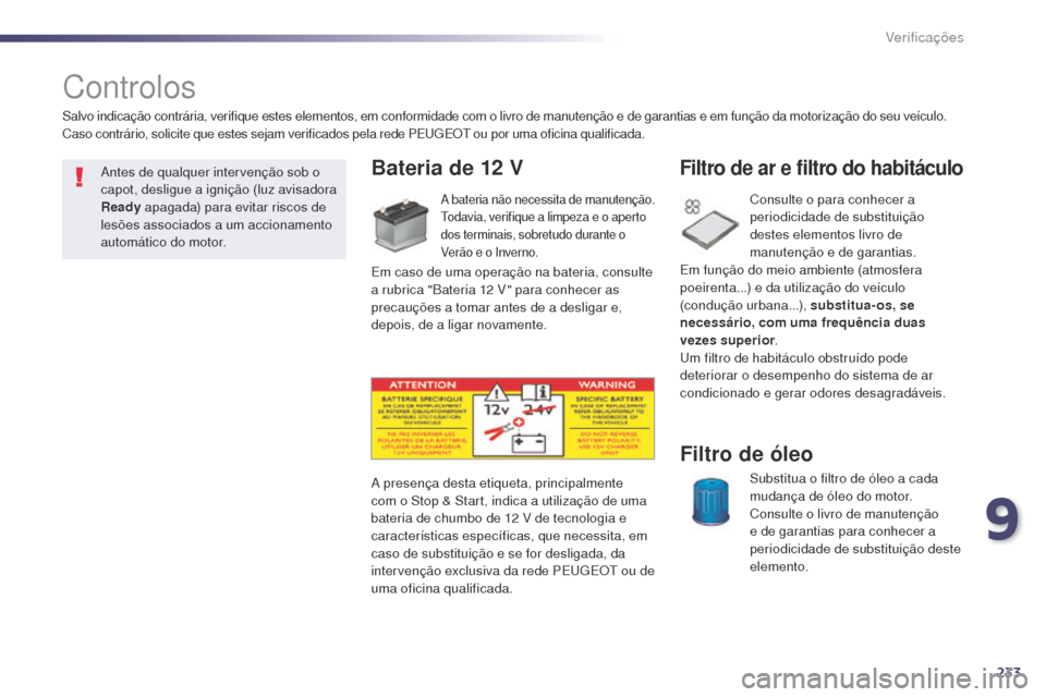 Peugeot 508 RXH 2014  Manual do proprietário (in Portuguese) 233
508rXH_pt_Chap09_verifications_ed01-2014
Controlos
Bateria de 12 V
a bateria não necessita de manutenção.to
davia, verifique a limpeza e o aperto 
dos terminais, sobretudo durante o 
ve

rão e