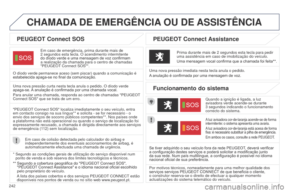 Peugeot 508 RXH 2014 Manual do proprietário (in Portuguese) 242
508rXH_pt_Chap11a_Bta_ed01-2014
CHAMADA DE EMERGÊNCIA OU DE ASSISTÊNCIA
Em caso de emergência, prima durante mais de
2
segundos esta tecla. O acendimento intermitente
do díodo verde Peugeot 508 RXH 2014 Manual do proprietário (in Portuguese) 242
508rXH_pt_Chap11a_Bta_ed01-2014
CHAMADA DE EMERGÊNCIA OU DE ASSISTÊNCIA
Em caso de emergência, prima durante mais de
2
segundos esta tecla. O acendimento intermitente
do díodo verde