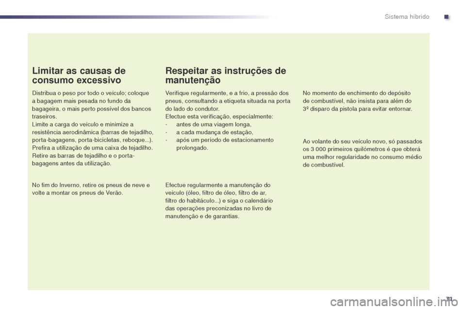 Peugeot 508 RXH 2014 Manual do proprietário (in Portuguese) 31
508rXH_pt_Chap00c_systeme-hybride_ed01-2014
Limitar as causas de
consumo excessivo
Distribua o peso por todo o veículo; coloque
a bagagem mais pesada no fundo da
bagageira, o mais perto possív Peugeot 508 RXH 2014 Manual do proprietário (in Portuguese) 31
508rXH_pt_Chap00c_systeme-hybride_ed01-2014
Limitar as causas de
consumo excessivo
Distribua o peso por todo o veículo; coloque
a bagagem mais pesada no fundo da
bagageira, o mais perto possív