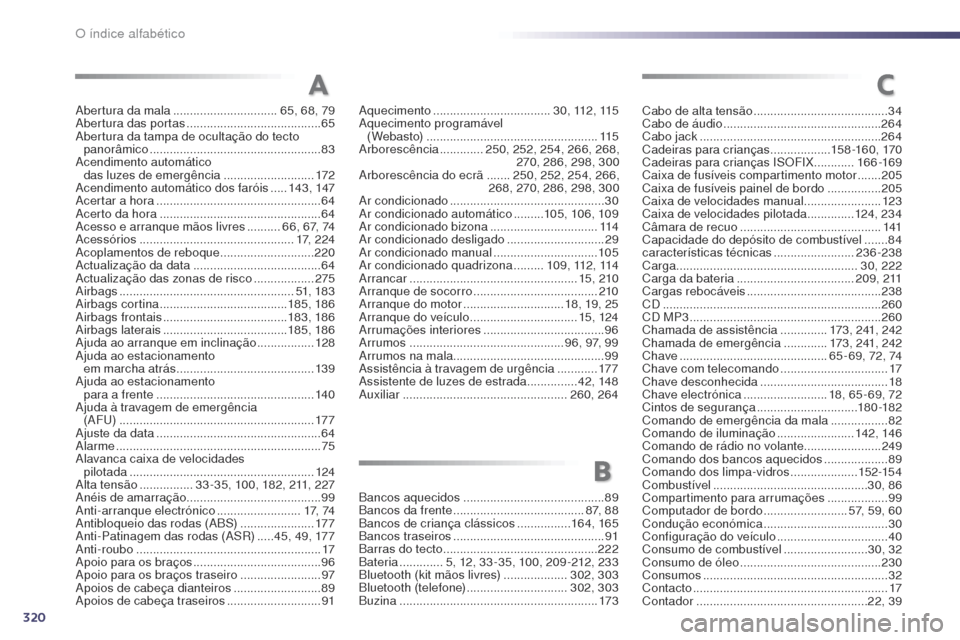 Peugeot 508 RXH 2014 Manual do proprietário (in Portuguese) 320
508rXH_pt_Chap13_index-alpha_ed01-2014
abertura da mala ............................... 65, 68, 79ab
ertura das portas ........................................ 65
ab
ertura da tampa de oculta Peugeot 508 RXH 2014 Manual do proprietário (in Portuguese) 320
508rXH_pt_Chap13_index-alpha_ed01-2014
abertura da mala ............................... 65, 68, 79ab
ertura das portas ........................................ 65
ab
ertura da tampa de oculta