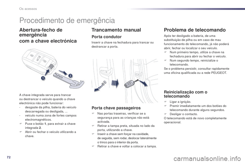 Peugeot 508 RXH 2014 Manual do proprietário (in Portuguese) 72
508rXH_pt_Chap02_ouvertures_ed01-2014
Procedimento de emergência
Abertura-fecho de
emergência
com a chave electrónica
a chave integrada serve para trancar
ou destrancar o veículo quando a cha Peugeot 508 RXH 2014 Manual do proprietário (in Portuguese) 72
508rXH_pt_Chap02_ouvertures_ed01-2014
Procedimento de emergência
Abertura-fecho de
emergência
com a chave electrónica
a chave integrada serve para trancar
ou destrancar o veículo quando a cha