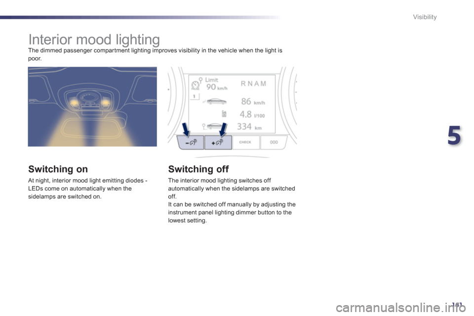 Peugeot 508 RXH 2013  Owners Manual 5
161
Visibility
   
 
 
 
 
 
 
 
Interior mood lighting  
The dimmed passenger compar tment lighting improves visibility in the vehicle when the light is poor. 
 
 
Switching on
 At night, interior 