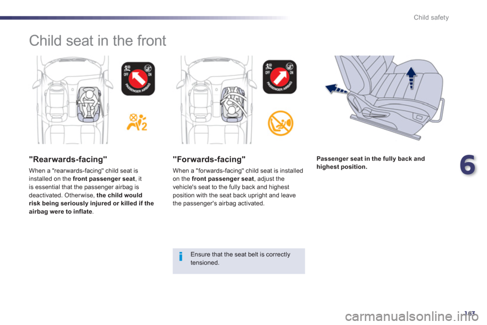 Peugeot 508 RXH 2013  Owners Manual 6
163
Child safety
  Child seat in the front  
 
 
"Rearwards-facing"
 
When a "rear wards-facing" child seat is installed on the  front passenger seat 
, itis essential that the passenger airbag is 
