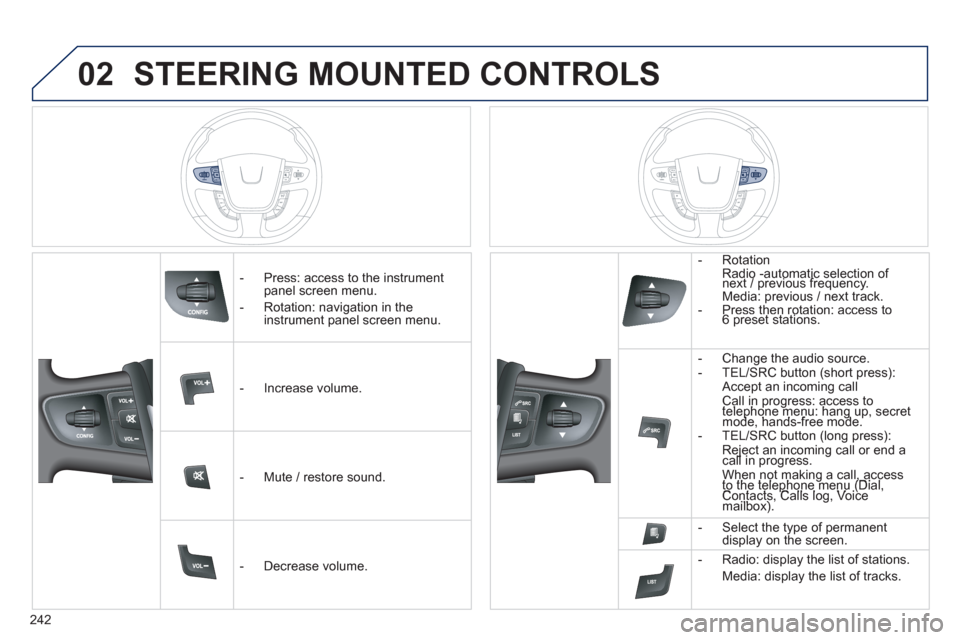 Peugeot 508 RXH 2013  Owners Manual 242
02STEERING MOUNTED CONTROLS
   
 
-  Press: access to the instrumentpanel screen menu.
   
-  
Rotation: navigation in the instrument panel screen menu.
   
 
-  In
crease volume.  
   
 
-  Mute 