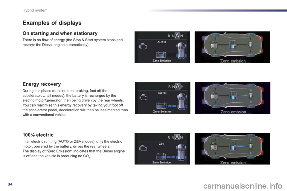 Peugeot 508 RXH 2013  Owners Manual 34
Hybrid system
Examples of displays
On starting and when stationary
There is no flow of energy (the Stop & Star t system stops and restar ts the Diesel engine automatically).
Energy recovery 
During