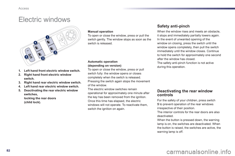 Peugeot 508 RXH 2013  Owners Manual 82
Access
  Electric windows 
1.Left hand front electric window switch.2.Right hand front electric windowswitch.3.Right hand rear electric window switch.4.Left hand rear electric window switch.5.Deact