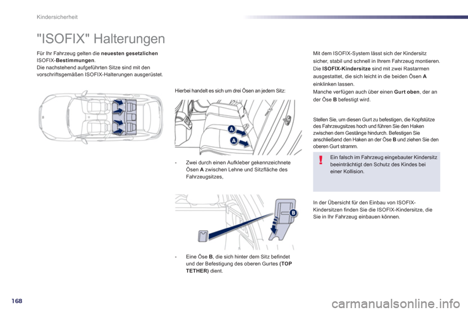 Peugeot 508 RXH 2013  Betriebsanleitung (in German) 168
Kindersicherheit
Für Ihr Fahrzeug gelten die  neuesten gesetzlichenISOFIX-Bestimmungen.Die nachstehend aufgeführten Sitze sind mit den
vorschriftsgemäßen ISOFIX-Halterungen ausgerüstet.  
 
 