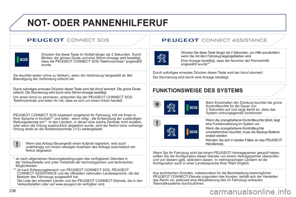 Peugeot 508 RXH 2013  Betriebsanleitung (in German) 236
NOT- ODER PANNENHILFERUF
Drücken Sie diese Taste im Notfall länger als 2 Sekunden. DurchBlinken der grünen Diode und eine Stimm-Ansage wird bestätigt, 
dass die PEUGEOT CONNECT SOS-Telefonzent