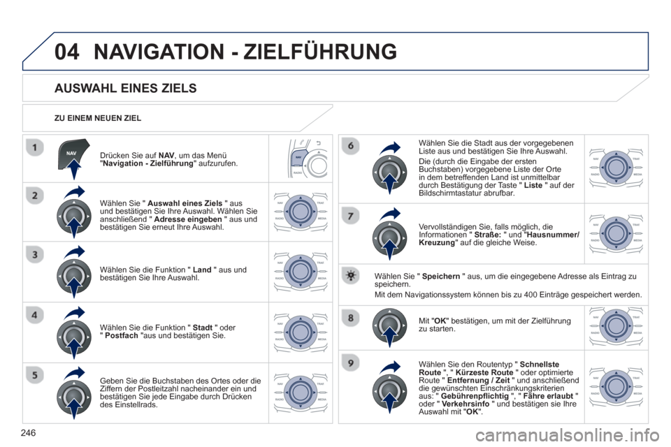 Peugeot 508 RXH 2013  Betriebsanleitung (in German) 246
04
   
Drücken Sie auf NAV,  um das Menü "Navigation - Zielführung 
" aufzurufen.    
ZU EINEM NEUEN ZIEL  
NAVIGATION - ZIELFÜHRUNG 
 
 
 
 
 
 
 
 
 
 
 
 
 
AUSWAHL EINES ZIELS 
 
 
Wählen