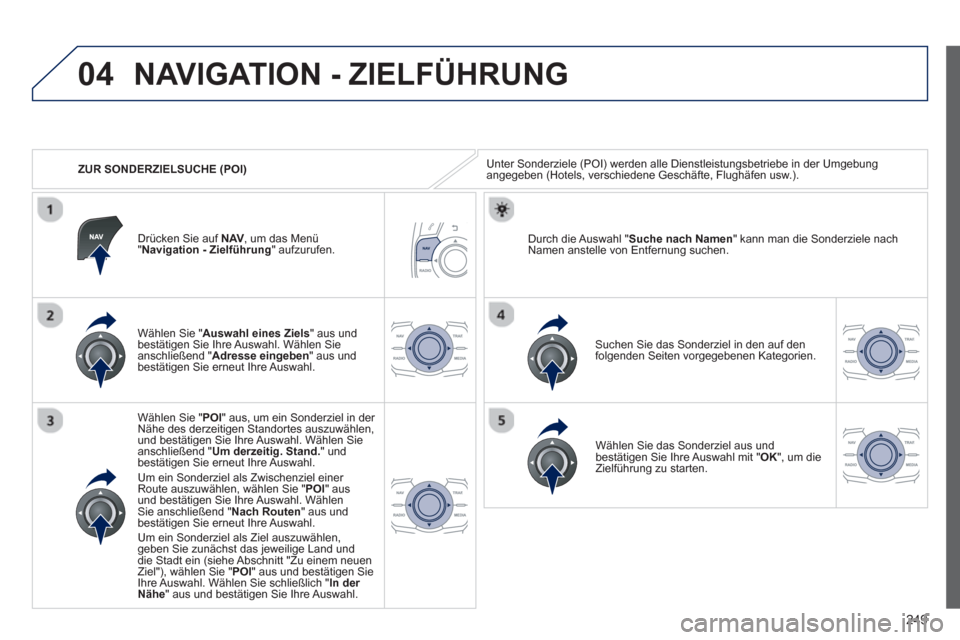 Peugeot 508 RXH 2013  Betriebsanleitung (in German) 249
04
   
 
ZUR SONDERZIELSUCHE (POI) 
NAVIGATION - ZIELFÜHRUNG 
Unter Sonderziele (POI) werden alle Dienstleistungsbetriebe in der Umgebungangegeben (Hotels, verschiedene Geschäfte, Flughäfen usw