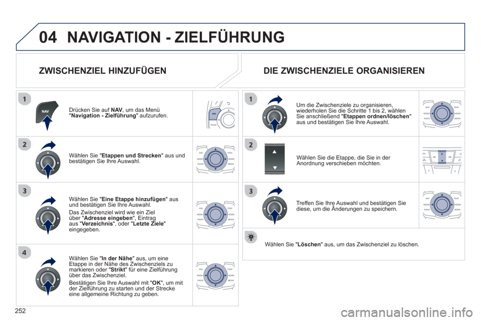 Peugeot 508 RXH 2013  Betriebsanleitung (in German) 252
04NAVIGATION - ZIELFÜHRUNG 
   
ZWISCHENZIEL HINZUFÜGEN 
Drücken Sie auf  NAV, 
 um das Menü" 
Navigation - Zielführung 
" aufzurufen.  
W
ählen Sie "Etappen und Strecken" aus und 
bestätig