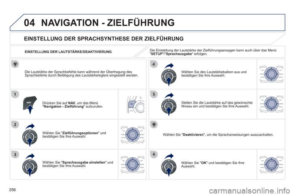 Peugeot 508 RXH 2013  Betriebsanleitung (in German) 256
04NAVIGATION - ZIELFÜHRUNG 
Drücken Sie auf NAV,  um das Menü"Navigation - Zielführung" aufzurufen.  
 
 
 
 
 
 
 
EINSTELLUNG DER SPRACHSYNTHESE DER ZIELFÜHRUNG 
Wählen Sie "Zielführungso
