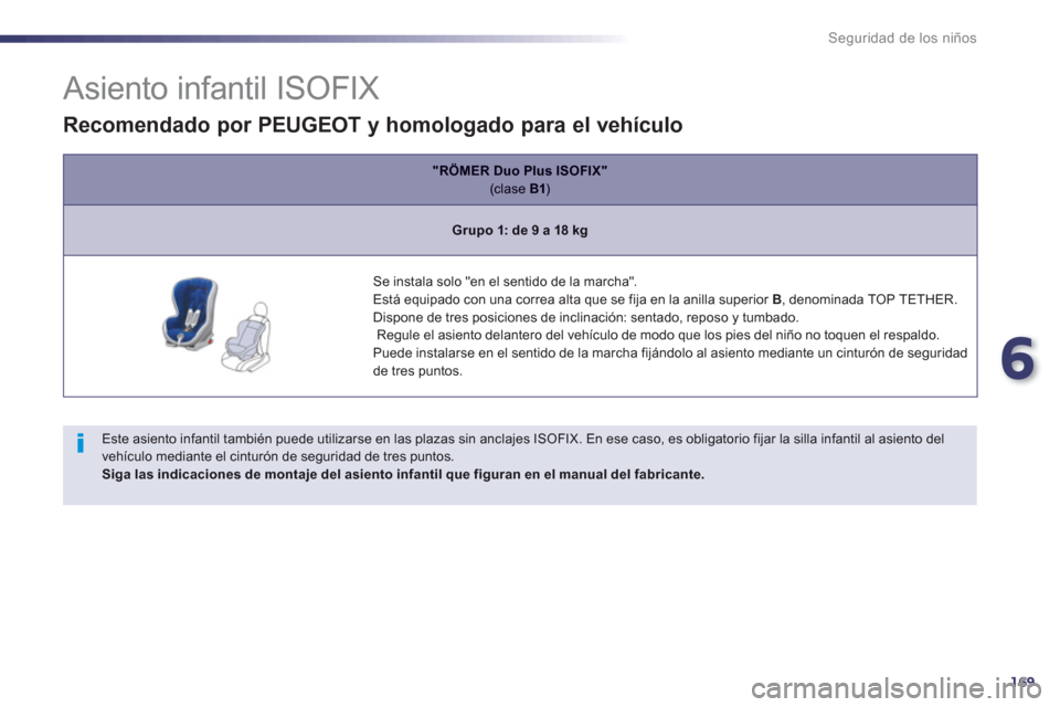 Peugeot 508 RXH 2013  Manual del propietario (in Spanish) 6
169
Seguridad de los niños
   
 
 
 
 
 
 
 
 
 
 
 
 
 
 
Asiento infantil ISOFIX 
 
 
Este asiento infantil también puede utilizarse en las plazas sin anclajes ISOFIX. En ese caso, es obligatori