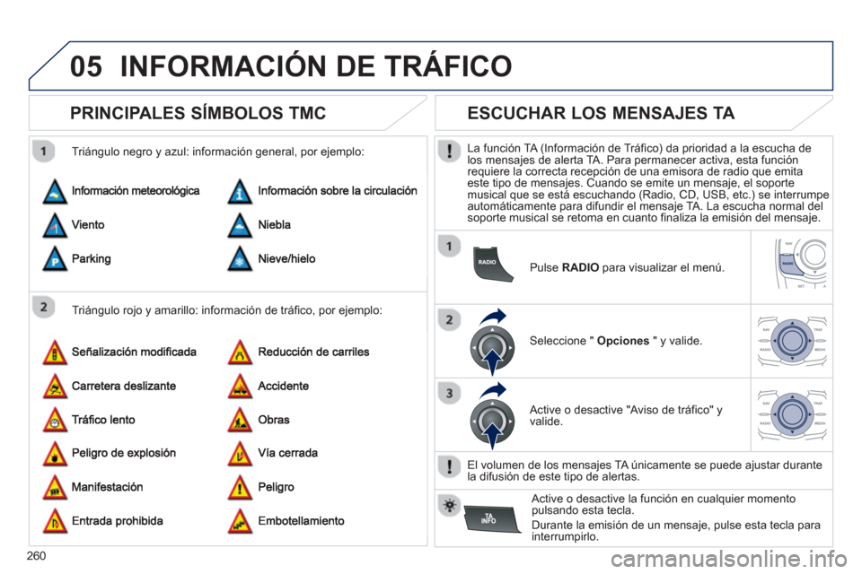 Peugeot 508 RXH 2013 Manual del propietario (in Spanish) 260
05INFORMACIÓN DE TRÁFICO
PRINCIPALES SÍMBOLOS TMC
Triángulo rojo y amarillo: información de tráfico, por ejemplo:
Trián
gulo negro y azul: información general, por Peugeot 508 RXH 2013 Manual del propietario (in Spanish) 260
05INFORMACIÓN DE TRÁFICO
PRINCIPALES SÍMBOLOS TMC
Triángulo rojo y amarillo: información de tráfico, por ejemplo:
Trián
gulo negro y azul: información general, por