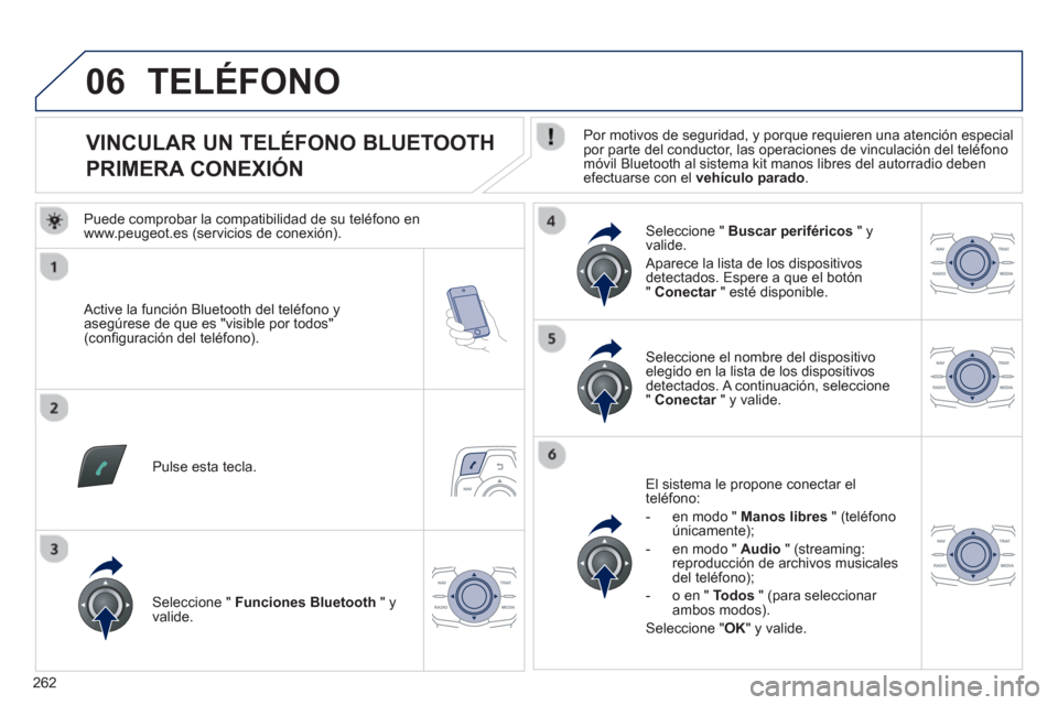 Peugeot 508 RXH 2013 Manual del propietario (in Spanish) 262
06
VINCULAR UN TELÉFONO BLUETOOTH
PRIMERA CONEXIÓN
Por motivos de seguridad, y porque requieren una atención especial
por parte del conductor, las operaci Peugeot 508 RXH 2013 Manual del propietario (in Spanish) 262
06
VINCULAR UN TELÉFONO BLUETOOTH
PRIMERA CONEXIÓN
Por motivos de seguridad, y porque requieren una atención especial
por parte del conductor, las operaci