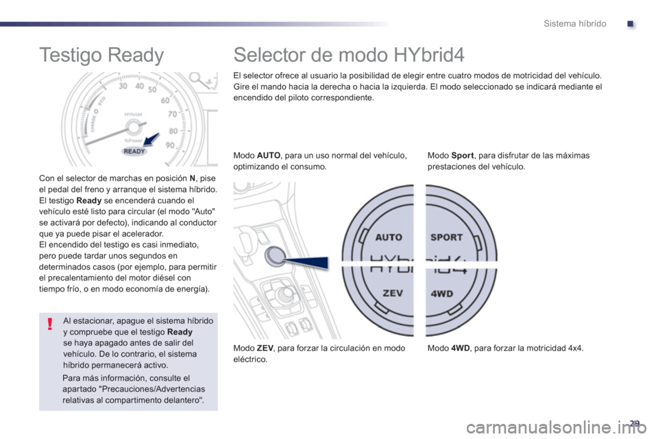 Peugeot 508 RXH 2013  Manual del propietario (in Spanish) .
29
Sistema híbrido
   
 
 
 
 
 
 
 
 
 
 
 
 
 
Testigo Ready 
 
 Con el selector de marchas en posición N 
, piseel pedal del freno y arranque el sistema híbrido. 
  El testigo  Ready 
 se ence