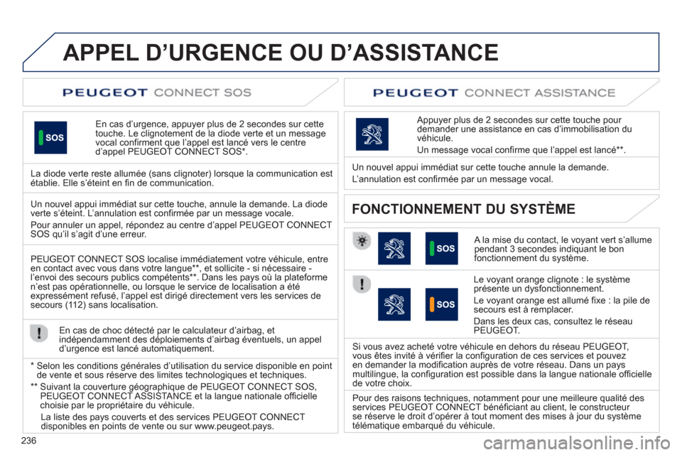 Peugeot 508 RXH 2013  Manuel du propriétaire (in French) 236
APPEL D’URGENCE OU D’ASSISTANCE
En cas d’urgence, appuyer plus de 2 secondes sur cette 
touche. Le clignotement de la diode verte et un message
vocal confirment que l’appel est lancé vers