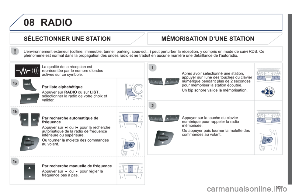 Peugeot 508 RXH 2013  Manuel du propriétaire (in French) 273
08RADIO 
Par liste alphabétique 
  Appu
yer sur RADIO 
 ou sur  LIST,sélectionner la radio de votre choix et
valider.
Par recherche automati
que de 
fréquence 
 
Appuyer sur �   ou  �pour la 