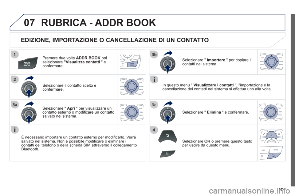 Peugeot 508 RXH 2013  Manuale del proprietario (in Italian) 271
07
   
EDIZIONE, IMPORTAZIONE O CANCELLAZIONE DI UN CONTATTO 
Premere due volte  ADDR BOOKpoiselezionare  "Visualizza contatti 
 " econfermare.
Selezionare il contatto scelto e confermare.
È nece