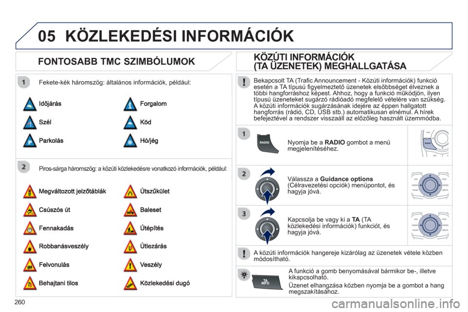 Peugeot 508 RXH 2013 Kezelési útmutató (in Hungarian) 260
05KÖZLEKEDÉSI INFORMÁCIÓK
FONTOSABB TMC SZIMBÓLUMOK
Piros-sárga háromszög: a közúti közlekedésre vonatkozó információk, például:
Fekete-kék háromszög: Peugeot 508 RXH 2013 Kezelési útmutató (in Hungarian) 260
05KÖZLEKEDÉSI INFORMÁCIÓK
FONTOSABB TMC SZIMBÓLUMOK
Piros-sárga háromszög: a közúti közlekedésre vonatkozó információk, például:
Fekete-kék háromszög: