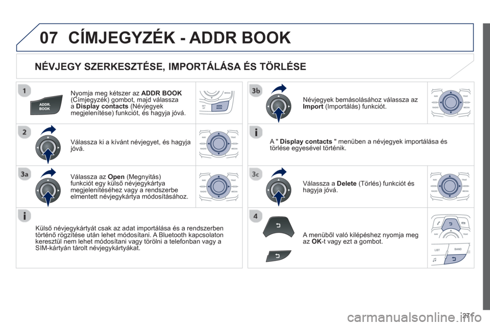 Peugeot 508 RXH 2013  Kezelési útmutató (in Hungarian) 271
07
   
NÉVJEGY SZERKESZTÉSE, IMPORTÁLÁSA ÉS TÖRLÉSE 
Nyomja meg kétszer azADDR BOOK(Címjegyzék) gombot, majd válasszaa Display contacts (Névjegyek
megjelenítése) funkciót, és hagyj
