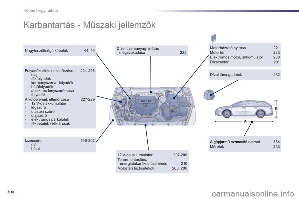 Peugeot 508 RXH 2013  Kezelési útmutató (in Hungarian) 300
Képes tárgymutató
  Karbantartás - Műszaki jellemzők  
Méretek  233 
 
 
Dízel üzemanyag-ellátás megszakadása   222  
Folyadékszintek ellenőrzése   224-226 -  olaj-  fékfolyadék -