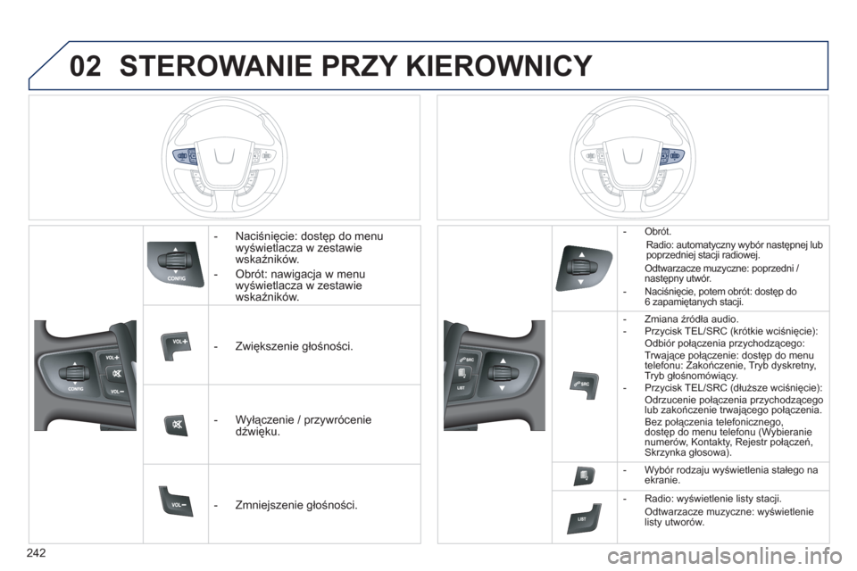 Peugeot 508 RXH 2013 Instrukcja Obsługi (in Polish) 242
02STEROWANIE PRZY KIEROWNICY
- Naciśnięcie: dostęp do menu
wyświetlacza w zestawie
wskaźników.
-
Obrót: nawigacja w menu
wyświetlacza w zestawie
wskaźników.
- Zwi Peugeot 508 RXH 2013 Instrukcja Obsługi (in Polish) 242
02STEROWANIE PRZY KIEROWNICY
- Naciśnięcie: dostęp do menu
wyświetlacza w zestawie
wskaźników.
-
Obrót: nawigacja w menu
wyświetlacza w zestawie
wskaźników.
- Zwi
